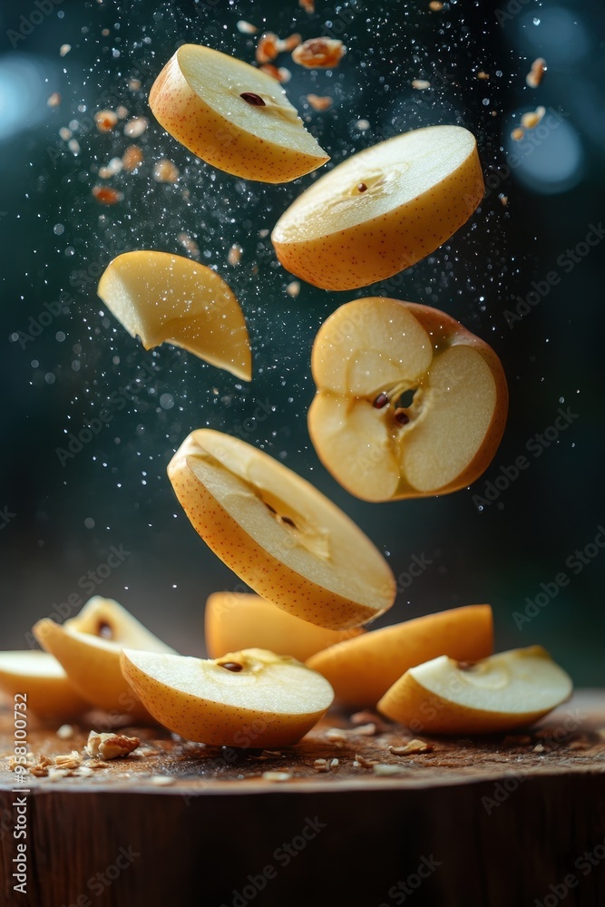Freshly Sliced Pears in Mid-Air with Nuts on Wooden Surface Against Blurred Natural Background Freshly Sliced Pears in Mid-Air with Nuts on Wooden Surface Against Blurred Natural Background