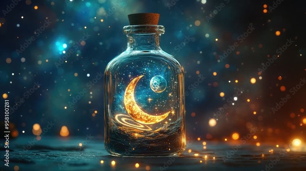 A sealed glass bottle houses a miniature universe, with stars surrounding a crescent moon and a planet with rings, floating in a dark, star-filled void A sealed glass bottle houses a miniature universe, with stars surrounding a crescent moon and a planet with rings, floating in a dark, star-filled void