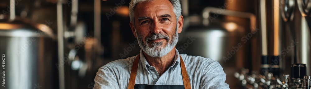 Experienced Brewer in Modern Brewery with Stainless Steel Equipment in Background Experienced Brewer in Modern Brewery with Stainless Steel Equipment in Background