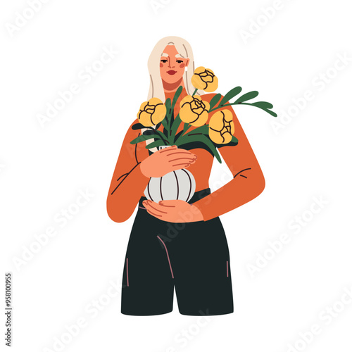 Happy woman holding rose flowers, floral bouquet in vase. Young smiling girl ...