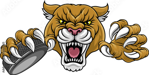 Cougar, panther, mountain lion or puma wildcat cat ice hockey sports mascot holding a hockey puck