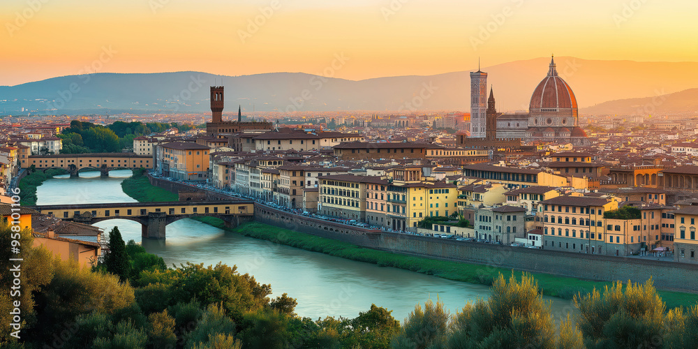 Fototapeta premium Sunset over florence: capturing the beauty of historical architecture and river arno