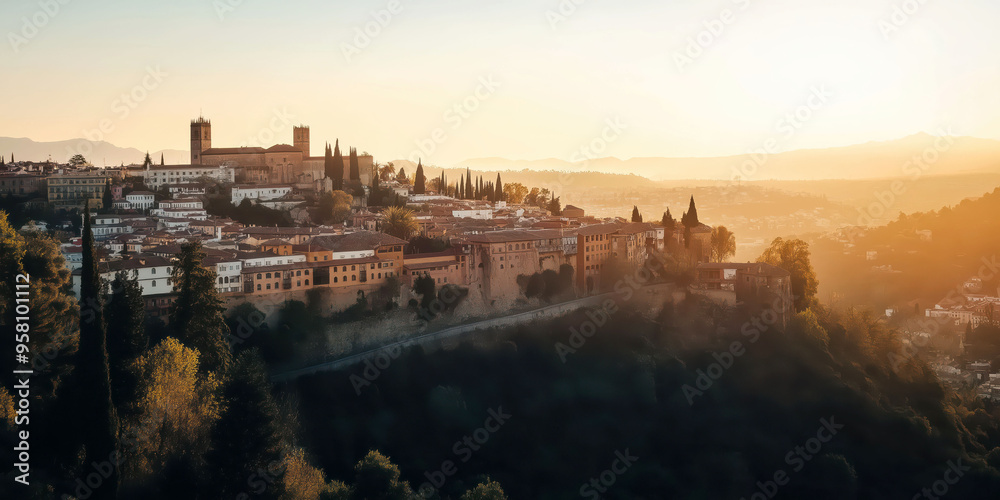 Naklejka premium Sunset over spanish hilltop cityscape with historic architecture and lush landscape