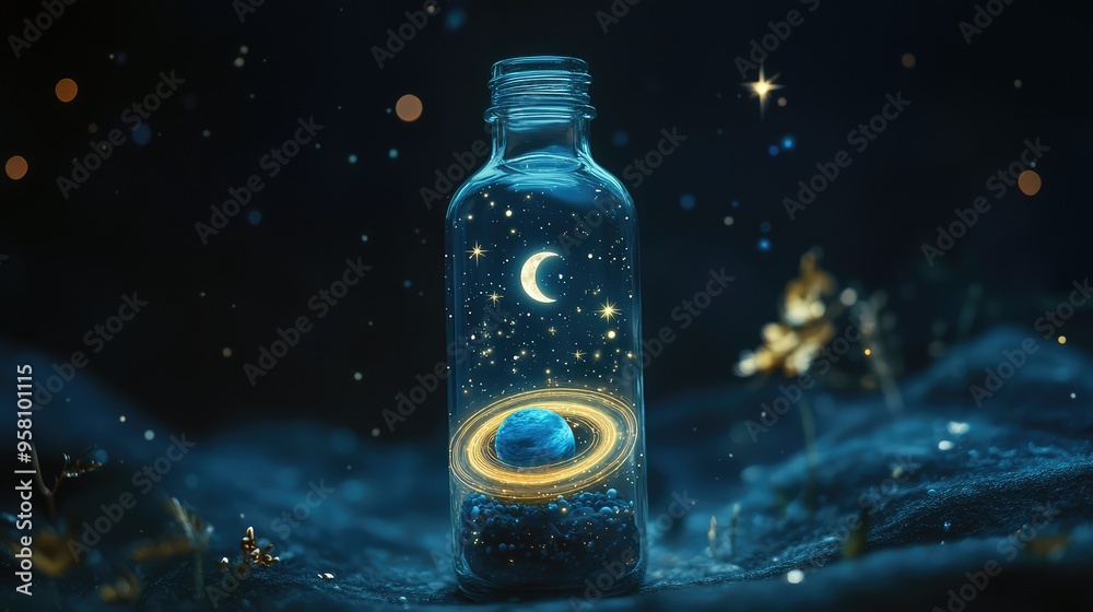 A transparent glass bottle holds a tiny universe. Inside, a crescent moon, ringed planet, and countless stars glow softly in a dark, starry space A transparent glass bottle holds a tiny universe. Inside, a crescent moon, ringed planet, and countless stars glow softly in a dark, starry space