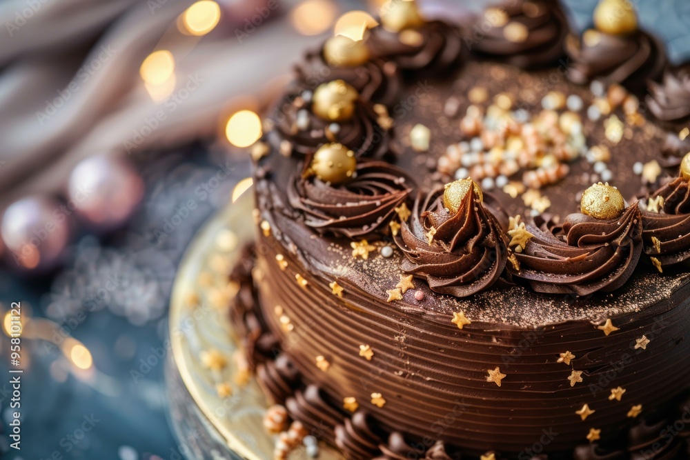 Delicious chocolate birthday cake decorated with golden edible balls and sprinkles standing on a cake stand, with blurred lights in the background