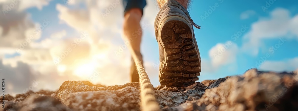 Obraz premium A tight shot of feet stepping on rocky terrain against a backdrop of a blue sky and drifting clouds