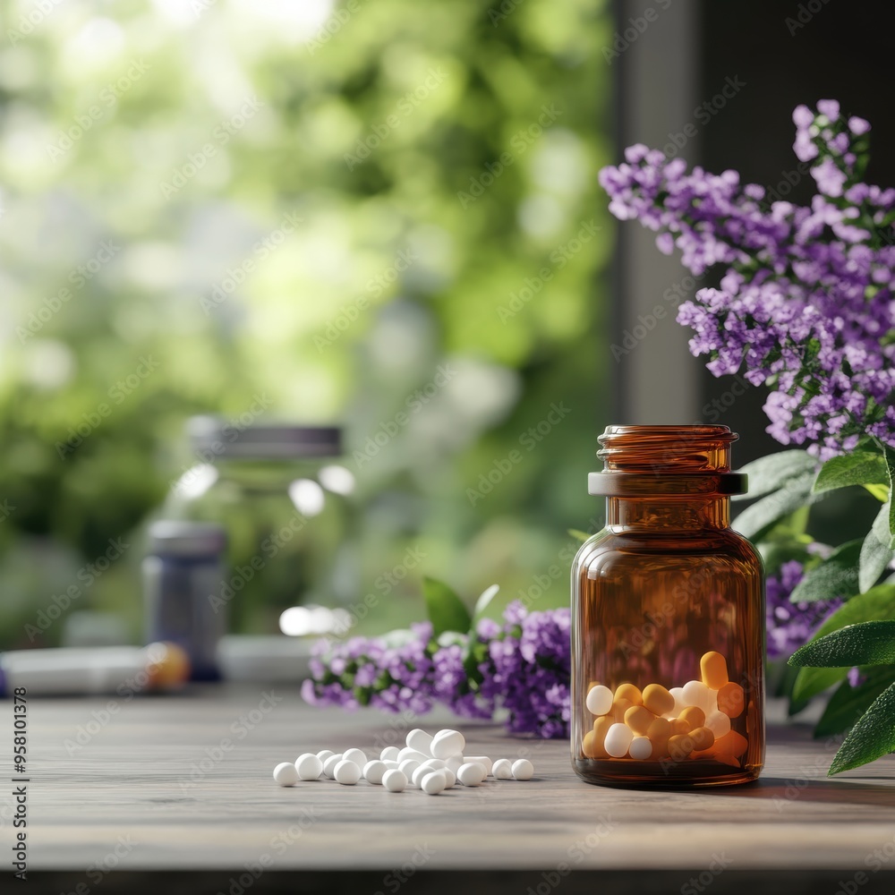 A tranquil scene featuring a glass jar of colorful pills beside blooming flowers, representing health and wellness. A tranquil scene featuring a glass jar of colorful pills beside blooming flowers, representing health and wellness.