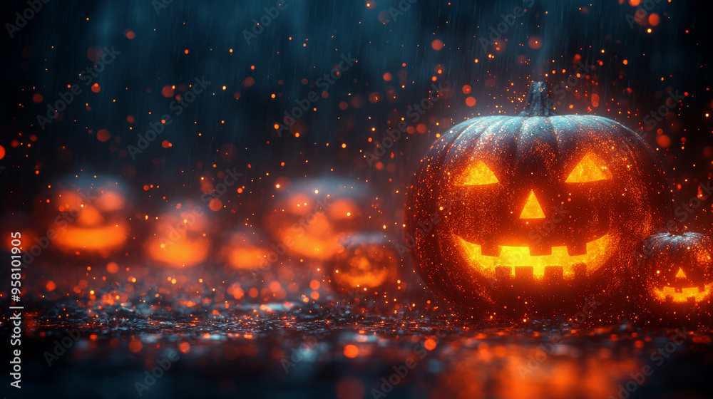 Naklejka premium Halloween pumpkins glowing under a rainy night with bokeh lights in the background