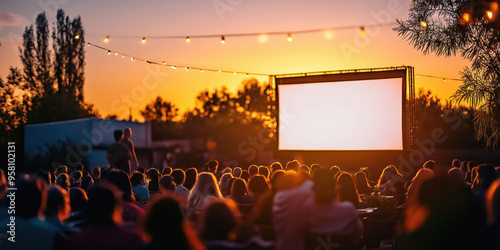 Outdoor cinema at sunset: captivated audience enjoys film under twilight sky