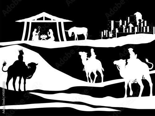 A Christmas nativity scene with baby Jesus in the manger, wise men and city of Bethlehem in the background