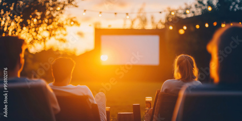 Outdoor cinema experience at sunset with social gathering and ambient lighting photo