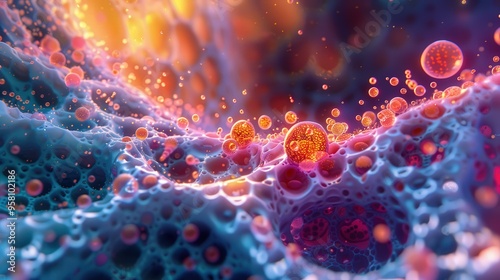 Abstract 3D Cell Structure with Bubbles and Glowing Lights