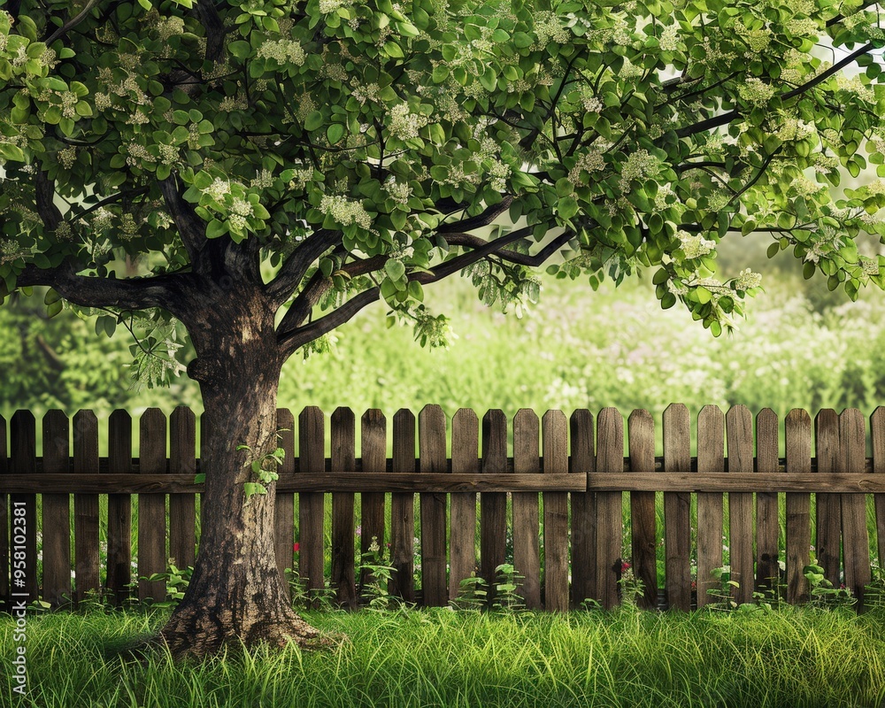 Garden Fence. Wooden Fence in Green Backyard with Spring Tree Garden Fence. Wooden Fence in Green Backyard with Spring Tree