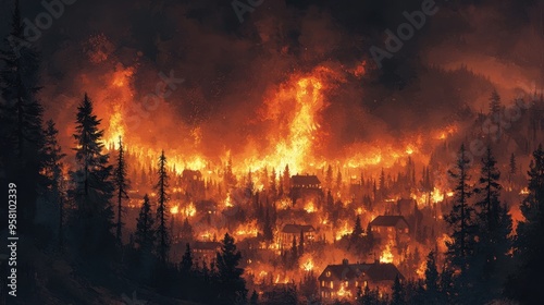 Intense Forest Fire Raging Through a Dense Woodland Area with Houses in the Background at Night photo