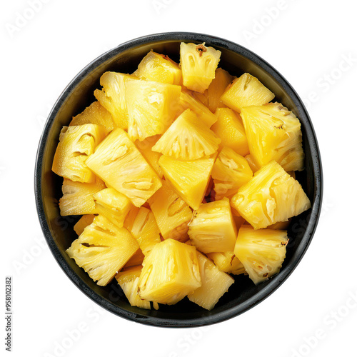 Sliced pieces of Pineapple in bowl top view isolate on transparency background photo