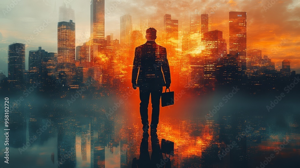 Double exposure of a businessman adjusting his tie with a city at night Double exposure of a businessman adjusting his tie with a city at night