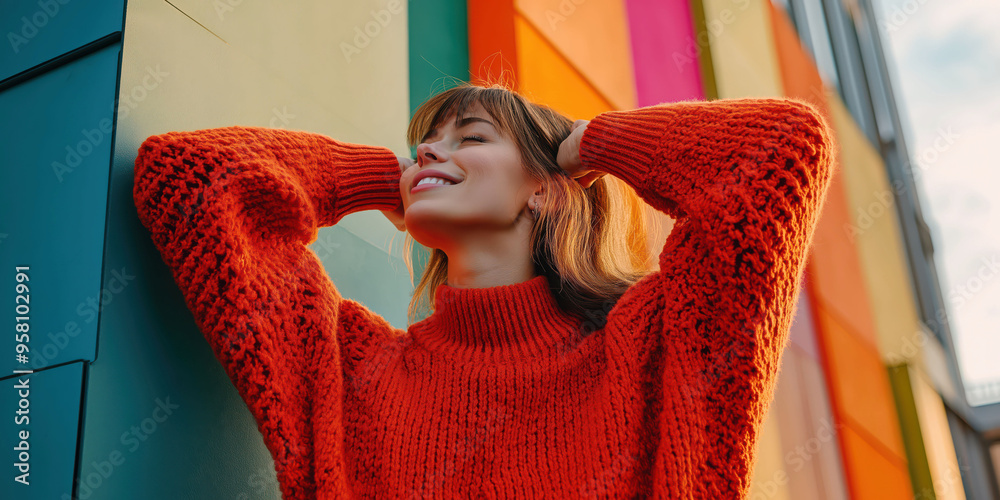 Obraz premium Joyful woman in vibrant orange sweater smiling against colorful wall background