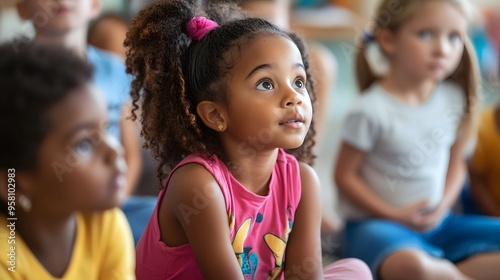 Children Listening to Storytime: A group of children sitting on the floor, attentively listening to a storyteller.
