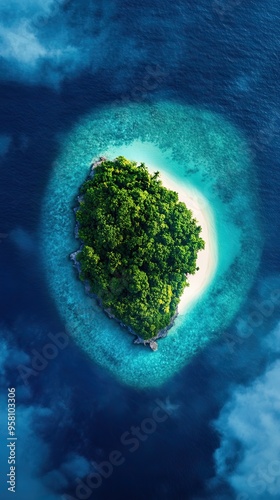 Aerial view of a lush green island surrounded by turquoise waters, showcasing untouched nature and serene beauty.