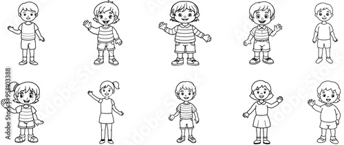 Set of little children waving and greeting