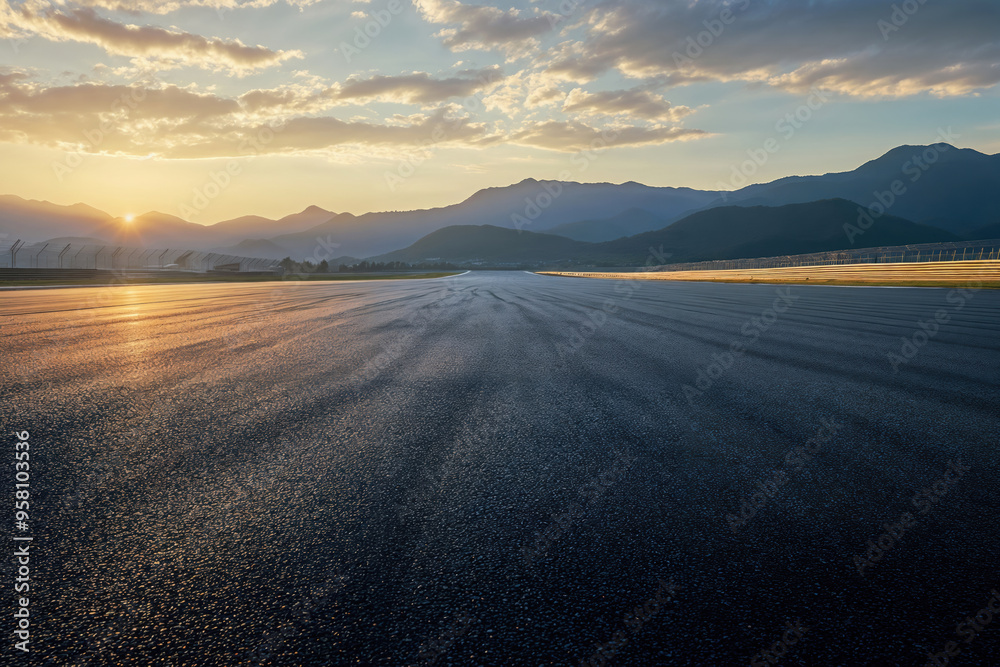 Fototapeta premium Empty straight racetrack at sunrise with mountain range in the background. High quality photo