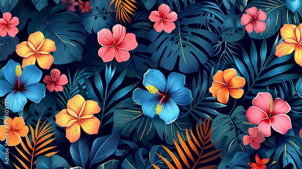 Vibrant Tropical Flowers and Lush Foliage in a Seamless Pattern Vibrant Tropical Flowers and Lush Foliage in a Seamless Pattern