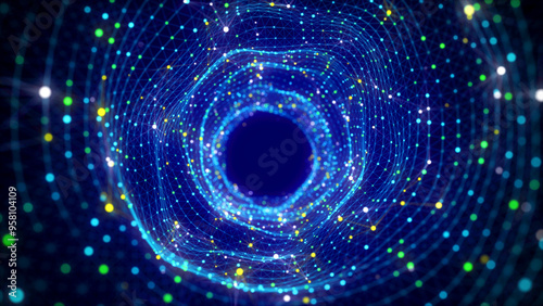 Futuristic dynamic wireframe tunnel on blue background. Digital data flow. Progressive IT technologies. 3d rendering.	