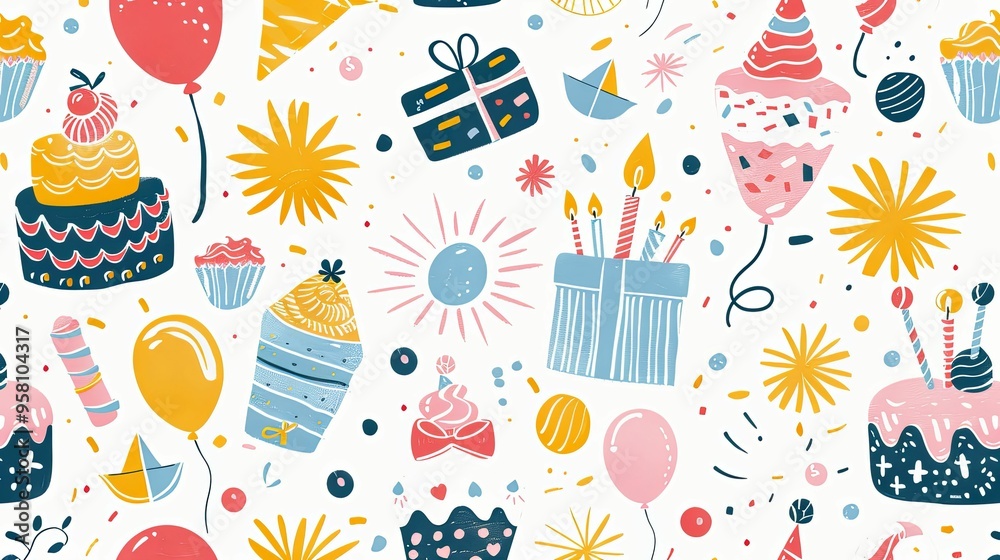 Colorful Birthday Party Seamless Pattern with Cakes, Balloons, and Confetti Colorful Birthday Party Seamless Pattern with Cakes, Balloons, and Confetti