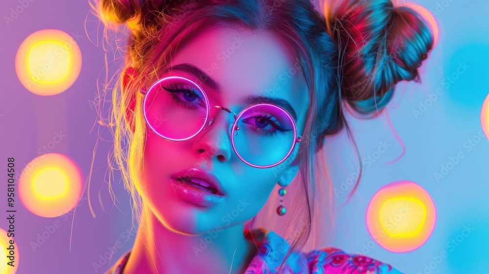 Obraz premium Girl Blogger. Modern Neon Disco Fashion Beauty Portrait of Young Woman on Night Club Party