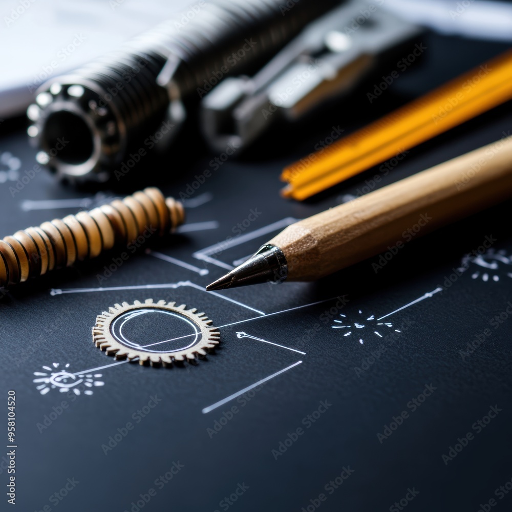 Close-up of engineering tools and pencil on a technical drawing, showcasing creativity and precision in design. Close-up of engineering tools and pencil on a technical drawing, showcasing creativity and precision in design.