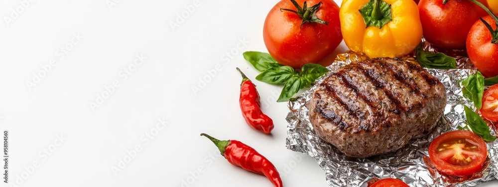 Meat atop tin foil Nearby, tomatoes and peppers in a heap Meat atop tin foil Nearby, tomatoes and peppers in a heap