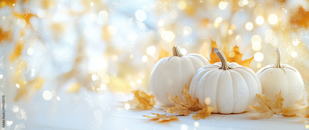 Obraz premium White pumpkins on a white wooden table with bokeh lights, realistic details, bright lighting, and soft colors