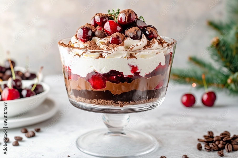 extravagant holiday trifle in a glass dish, layered with rich chocolate, cherries, whipped cream, and topped with cocoa dusted cherries and coffee beans extravagant holiday trifle in a glass dish, layered with rich chocolate, cherries, whipped cream, and topped with cocoa dusted cherries and coffee beans
