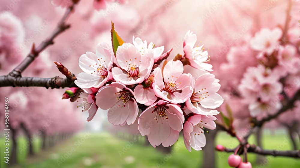 Pink blossom on branch with blurred background of blooming trees.