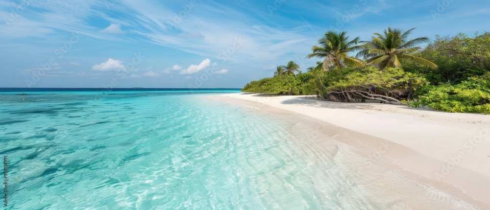 Fototapeta premium A beautiful beach with a clear blue ocean and palm trees