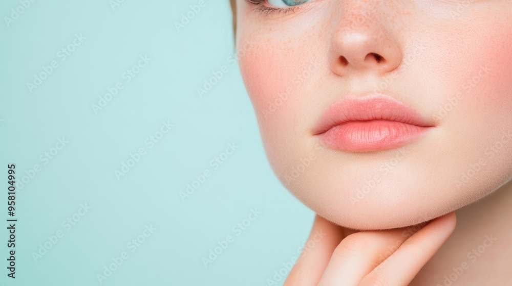 Fototapeta premium Close-up portrait of a young woman with soft features and natural makeup, emphasizing skincare and beauty against a light background.