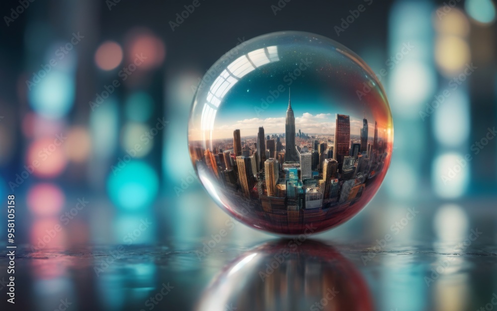 Crystal ball close-up with vibrant city lights creating futurist Crystal ball close-up with vibrant city lights creating futurist