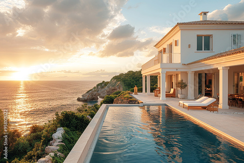 a wide-angle view, capturing traditional white house perched on a lush hill, overlooking sparkling sea, as golden rays of summer sunset cast a warm glow on inviting pool, creating a picturesque and id photo