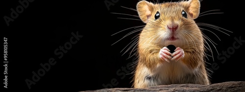  A rodent, startled, gazes directly at the camera from atop a rock photo