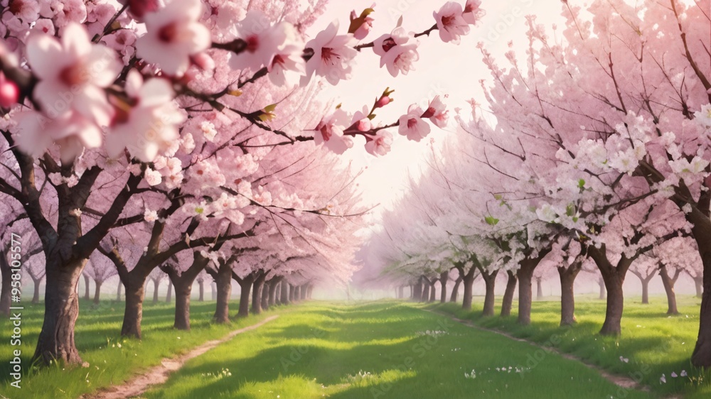 A picturesque pathway lined with blooming cherry trees, creating a captivating, romantic atmosphere. A picturesque pathway lined with blooming cherry trees, creating a captivating, romantic atmosphere.
