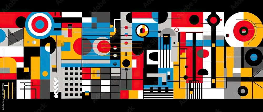 A colorful abstract painting with many different shapes and colors A colorful abstract painting with many different shapes and colors