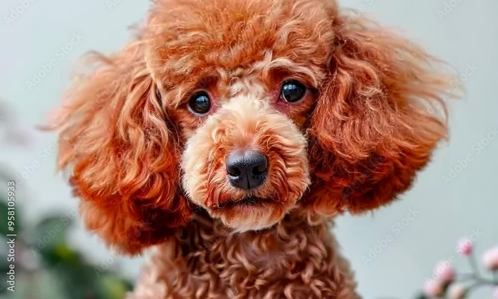 A poodle is sitting in front of a bouquet of red flowers Video