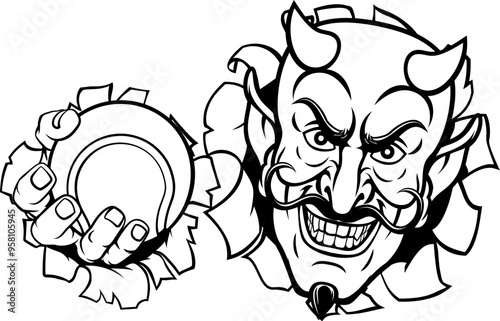 A devil or satan tennis sports mascot cartoon character holding a ball