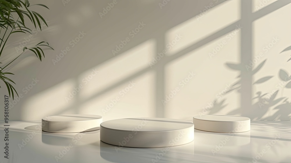 White Cylindrical Podiums in a Minimalist Setting with Sunlight and Plant Shadows White Cylindrical Podiums in a Minimalist Setting with Sunlight and Plant Shadows