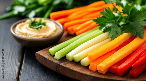 Fresh vegetable sticks including carrots, celery, and peppers served with creamy hummus on a wooden board, perfect for a healthy snack.