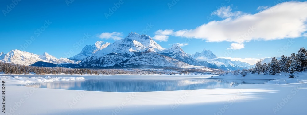 Obraz premium A snow-covered mountain range with aforementioned lake and tree line, all draped in snow