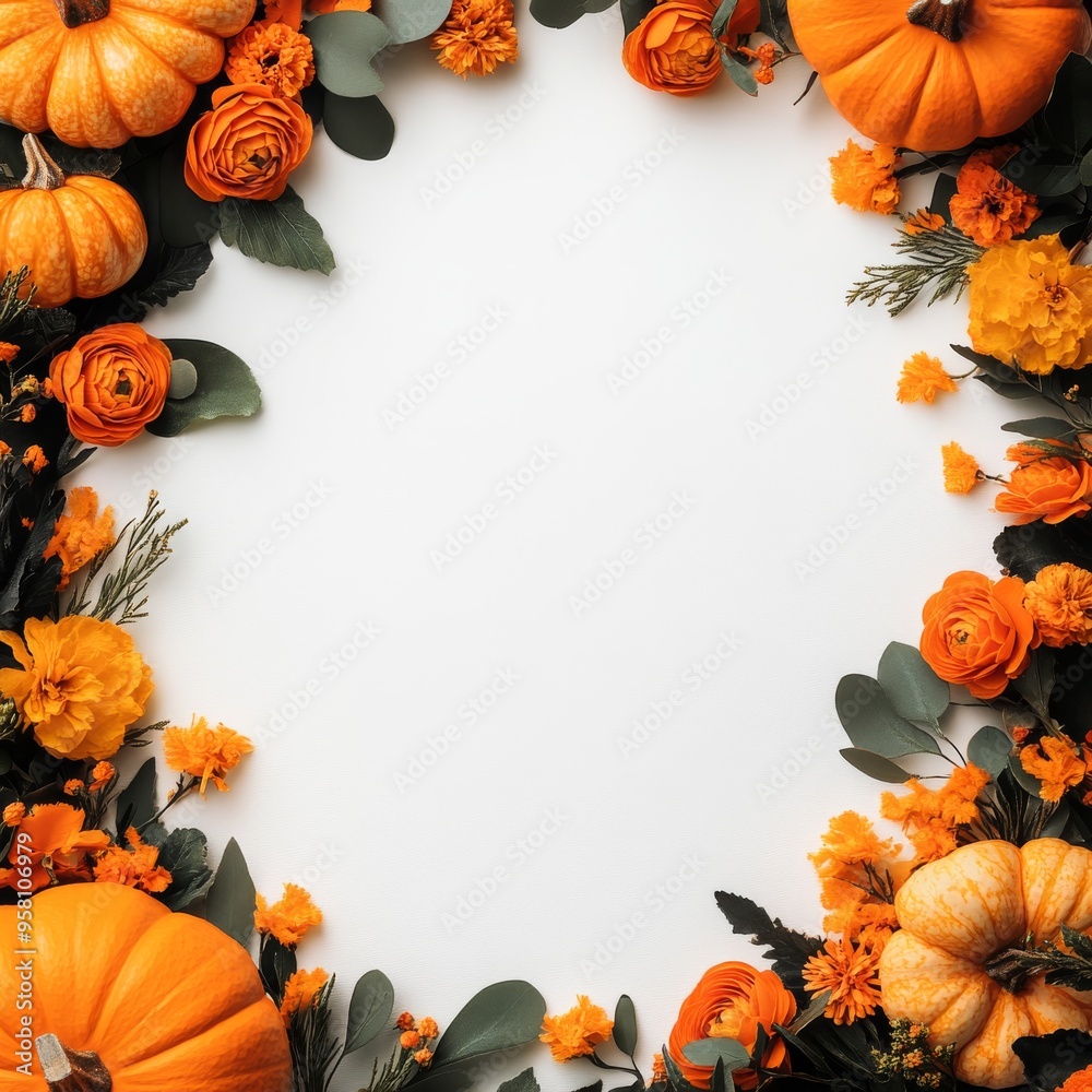 Obraz premium Fall Floral Pumpkin Frame Thanksgiving Border Autumn Design