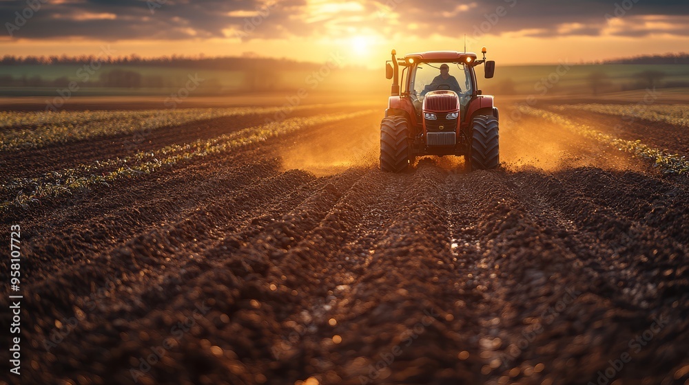 Farmer driving a tractor through a vast farmland, preparing the soil for planting Farmer driving a tractor through a vast farmland, preparing the soil for planting