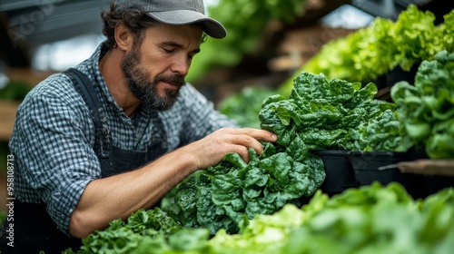 Farmer harvesting lettuce in a large greenhouse, preparing the produce for market