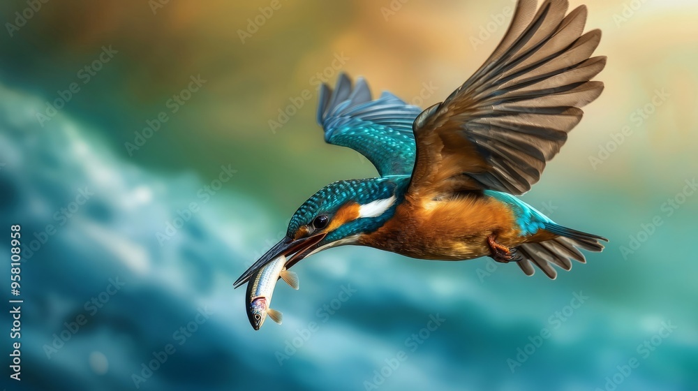 Fototapeta premium Kingfisher mid-flight over ocean waves, gripping a fish tightly in its beak